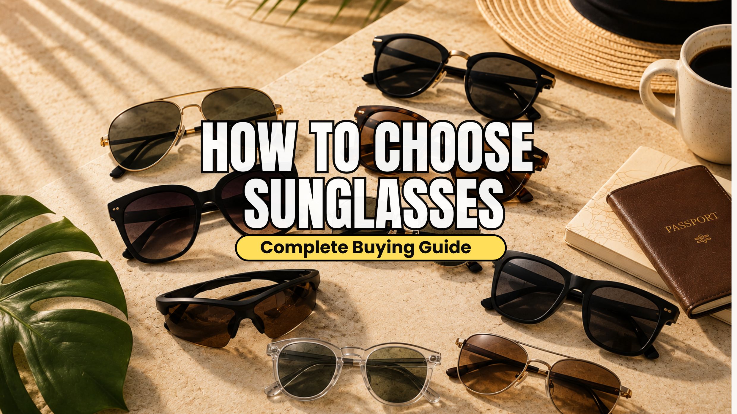 Premium collection of stylish sunglasses displayed on a beige tabletop with a straw hat, coffee cup, passport, and tropical leaves in warm natural sunlight.