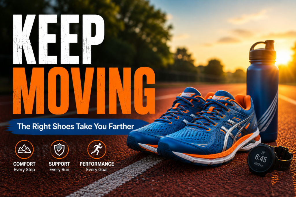 Premium blue and orange running shoes resting on a running track at sunrise with a water bottle and fitness watch, symbolizing motivation, comfort, and performance.