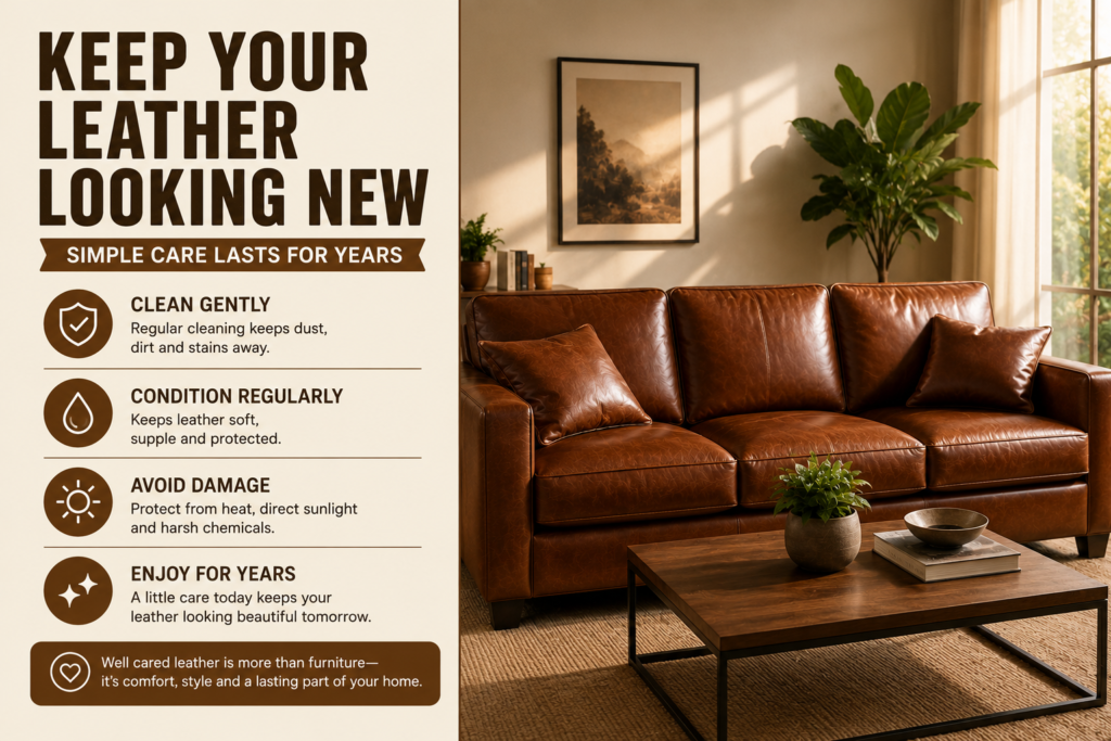 Modern living room with a clean brown leather couch showing how regular cleaning and conditioning keep leather furniture looking new for years.