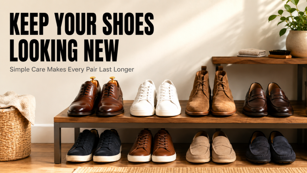 Clean leather shoes, white sneakers, suede boots, and casual shoes neatly arranged on wooden shelves in a modern room.