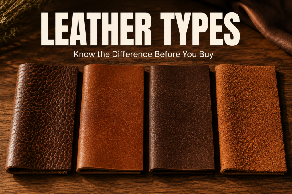 Comparison of different leather types showing full-grain, top-grain, genuine leather, and bonded leather textures on a wooden table.