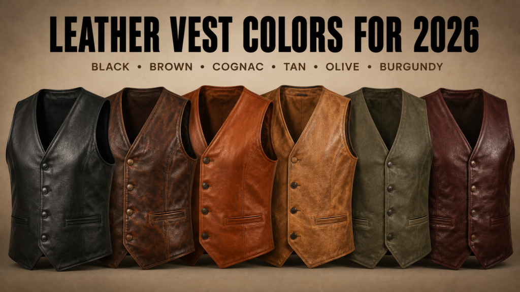 Six leather vests in black, brown, cognac, tan, olive, and burgundy for 2026 fashion