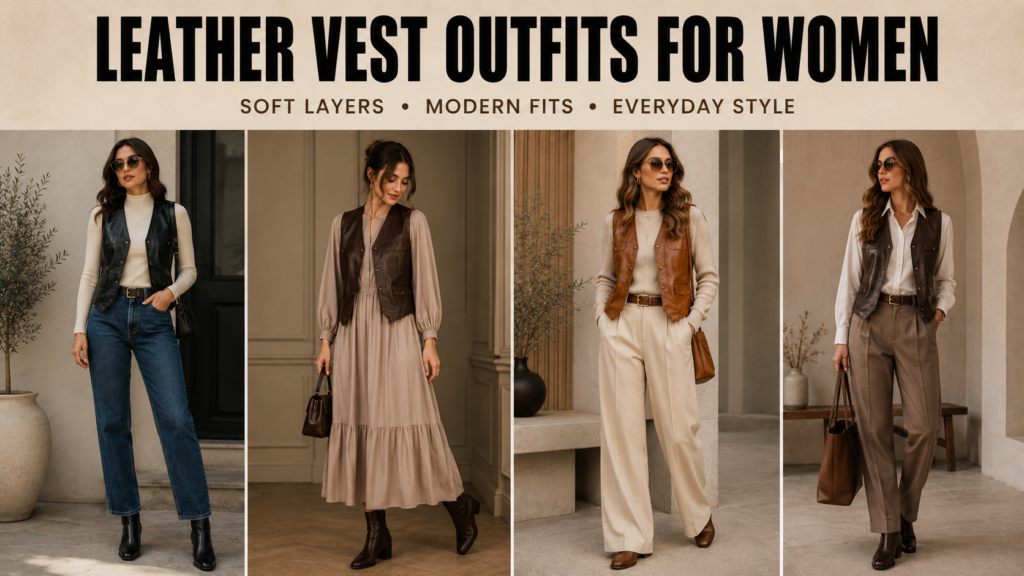 Four women's leather vest outfit ideas with jeans, dresses, knitwear, and tailored trousers