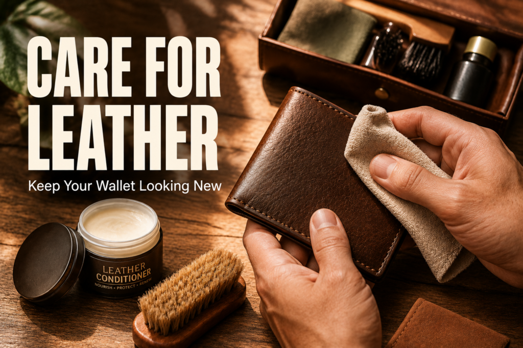 Premium leather wallet being cleaned with a soft microfiber cloth beside leather conditioner, brush, and leather care kit on a wooden table.