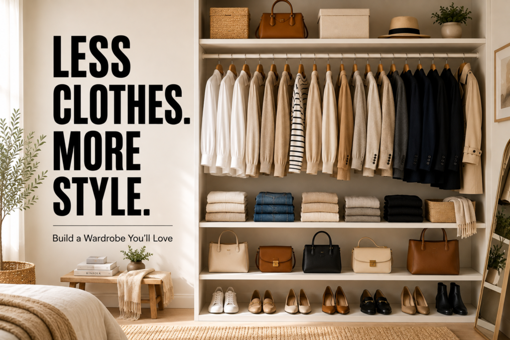 Beautifully organized minimalist closet with neutral clothing, folded garments, shoes, and accessories showcasing a timeless capsule wardrobe.