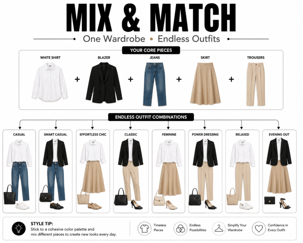 Infographic showing how a white shirt, blazer, jeans, skirt, and trousers can be mixed and matched to create multiple capsule wardrobe outfits.