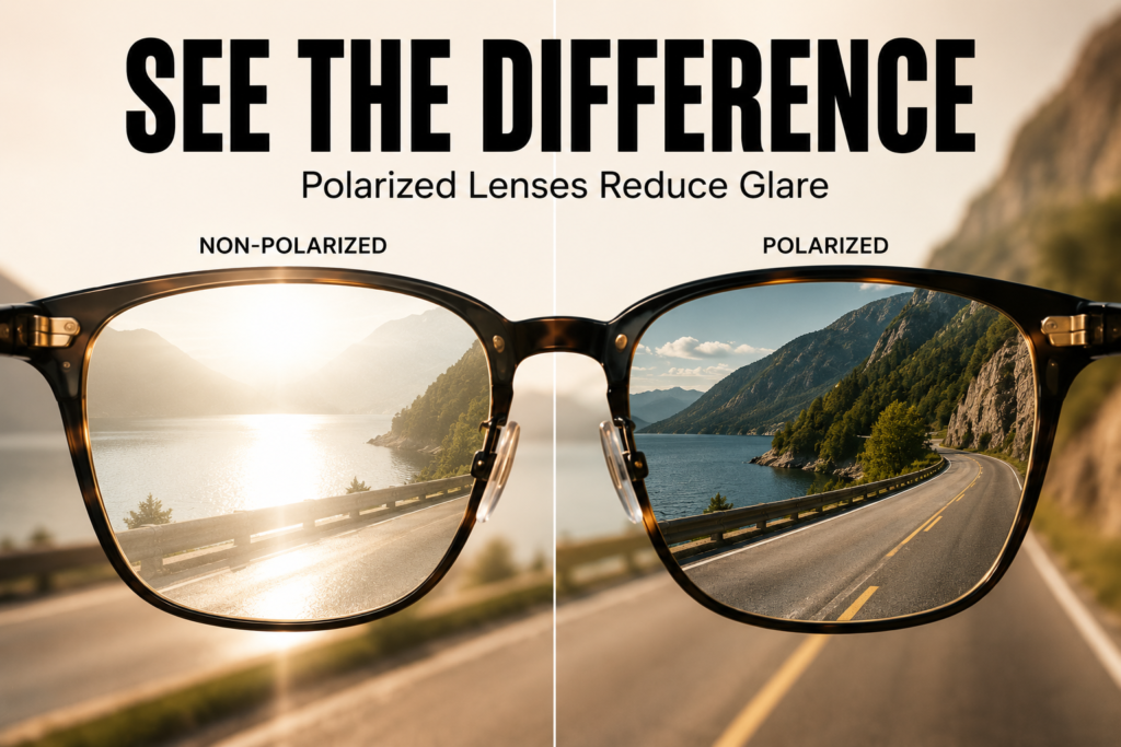 Comparison showing polarized and non-polarized sunglasses, demonstrating how polarized lenses reduce road glare and improve visual clarity while driving.