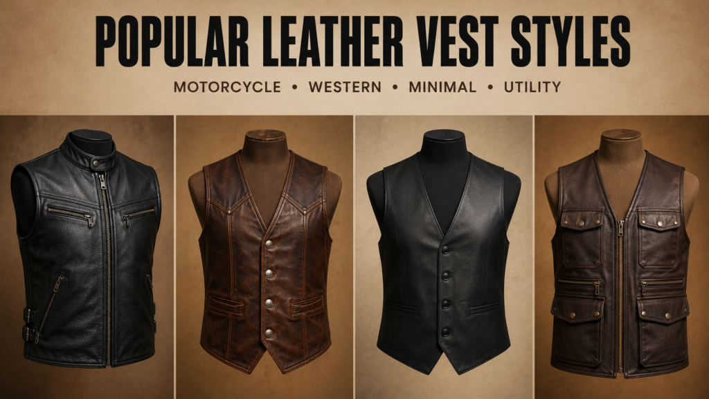 Four popular leather vest styles including motorcycle, Western, minimalist, and utility designs