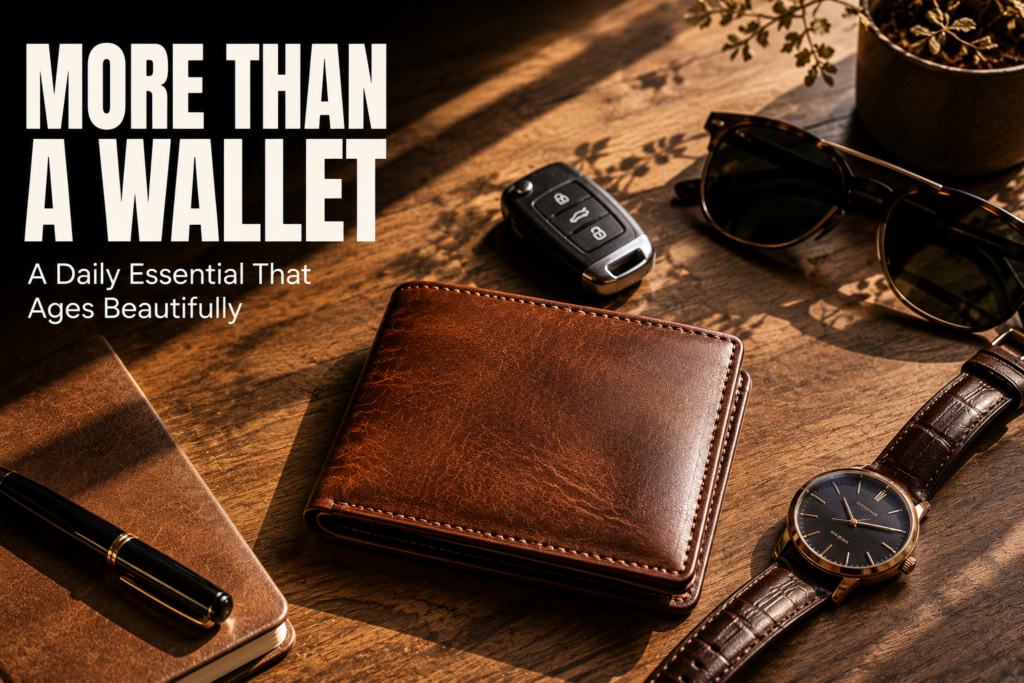 Premium brown leather wallet placed beside a wristwatch, car keys, sunglasses, and notebook on a wooden desk with warm natural sunlight.