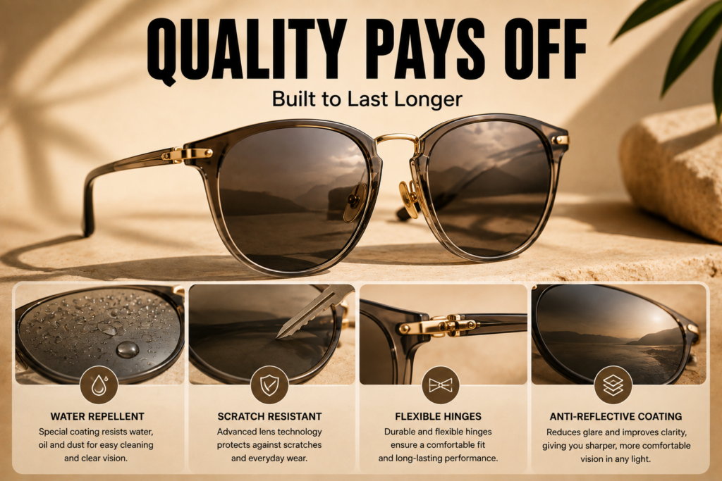 Close-up of premium sunglasses highlighting scratch-resistant lenses, anti-reflective coating, flexible hinges, and water-resistant lens technology.