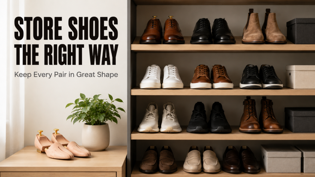 Organized shoe shelf with leather shoes, sneakers, boots, and wooden shoe trees in a clean minimalist closet.