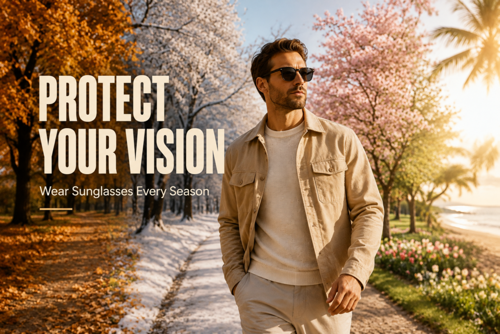 Stylish man wearing sunglasses while walking through a landscape that blends all four seasons, highlighting year-round eye protection.