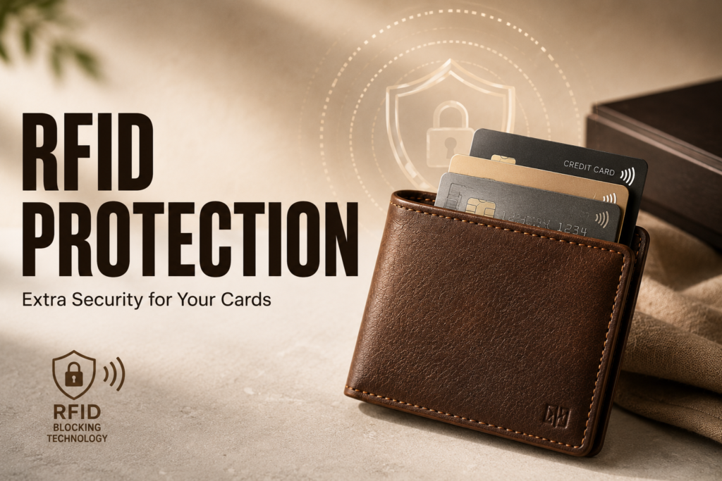 Premium brown RFID leather wallet with contactless bank cards on a beige background featuring subtle security shield graphics and warm natural lighting.
