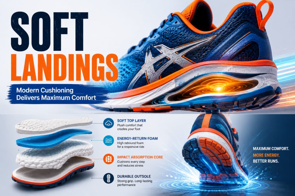 Cross-sectional view of a premium running shoe showing advanced cushioning technology, energy-return foam, and impact absorption for maximum comfort.