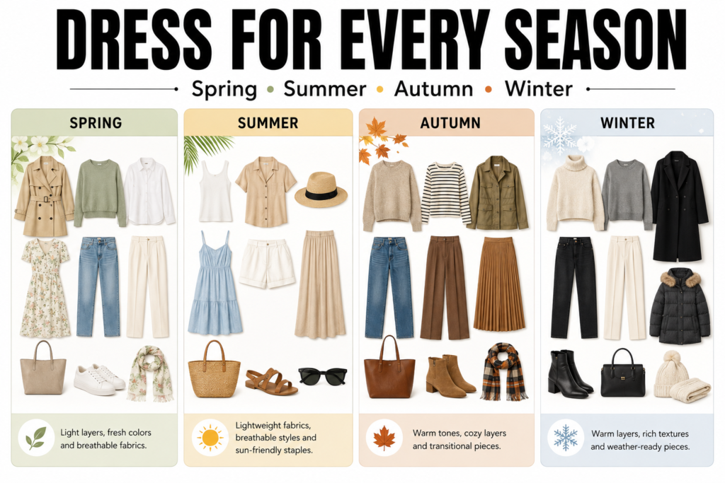 Infographic showing capsule wardrobe clothing essentials for spring, summer, autumn, and winter with seasonal outfit examples and accessories.