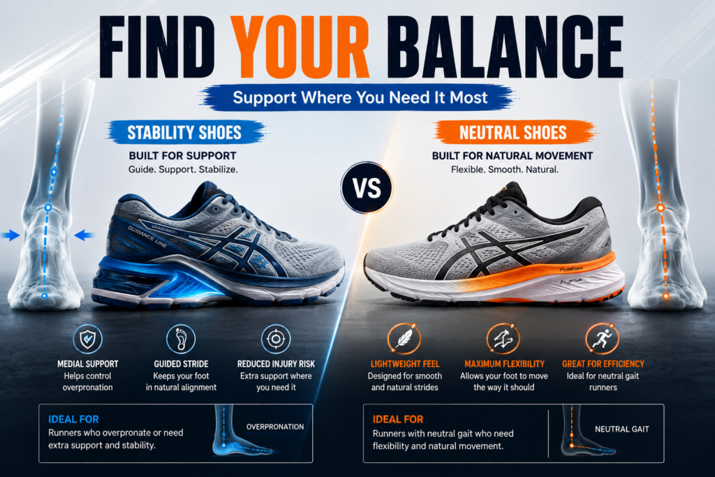 Side-by-side comparison of stability and neutral running shoes showing foot alignment, support, and cushioning differences for different running styles.