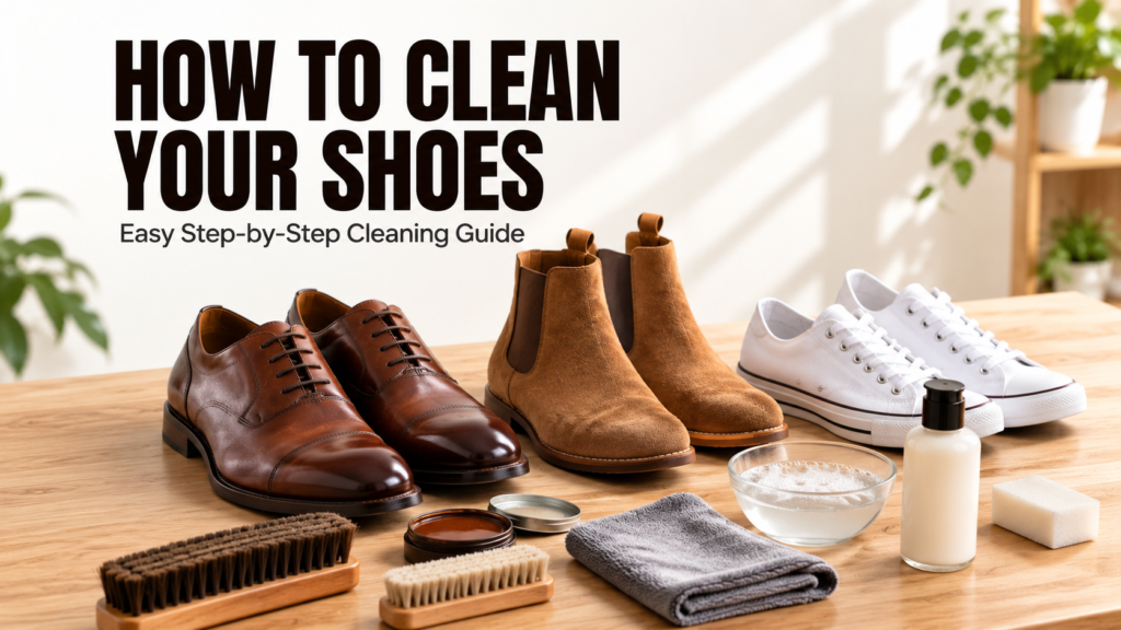 Leather shoes, suede boots, canvas sneakers, and shoe cleaning supplies arranged on a wooden table for a step-by-step shoe cleaning guide.