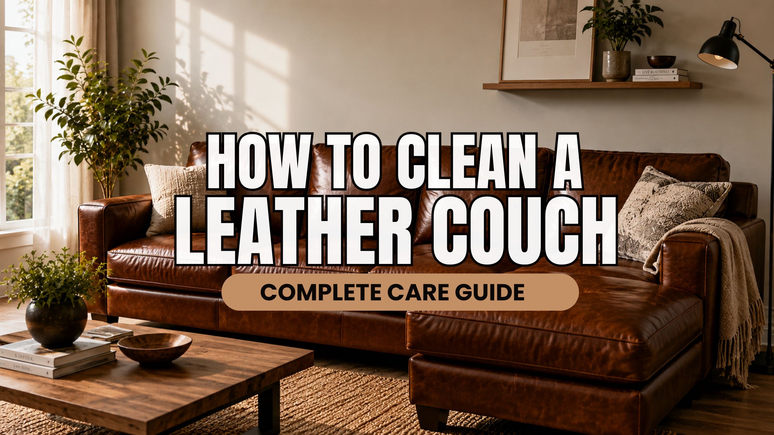 Modern brown leather couch in a Scandinavian living room illustrating how to clean a leather couch safely at home.