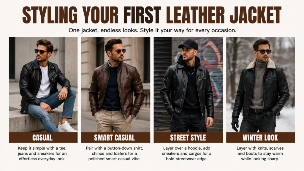 Four outfit ideas featuring leather jackets styled for casual, smart casual, street style, and winter looks.