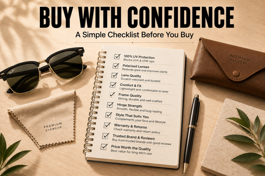Flat-lay of premium sunglasses with a buying checklist notebook, protective case, cleaning cloth, and pen on a beige wooden desk.