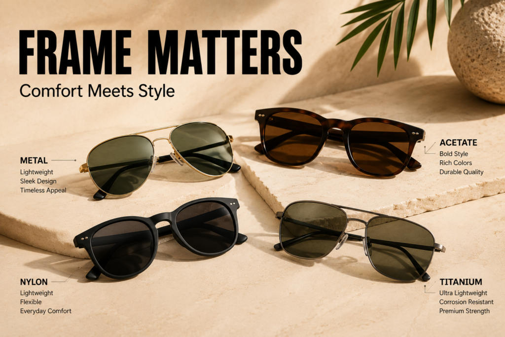 Luxury sunglasses featuring metal, acetate, nylon, and titanium frames displayed on a beige stone surface for frame material comparison.