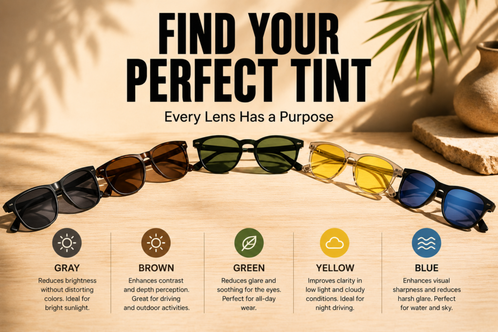 Collection of sunglasses with gray, brown, green, yellow, and blue lenses showing different lens tint options for various outdoor activities.
