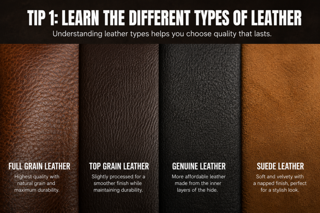 Comparison of Full Grain Leather, Top Grain Leather, Genuine Leather, and Suede leather textures displayed side by side for a leather jacket buying guide.