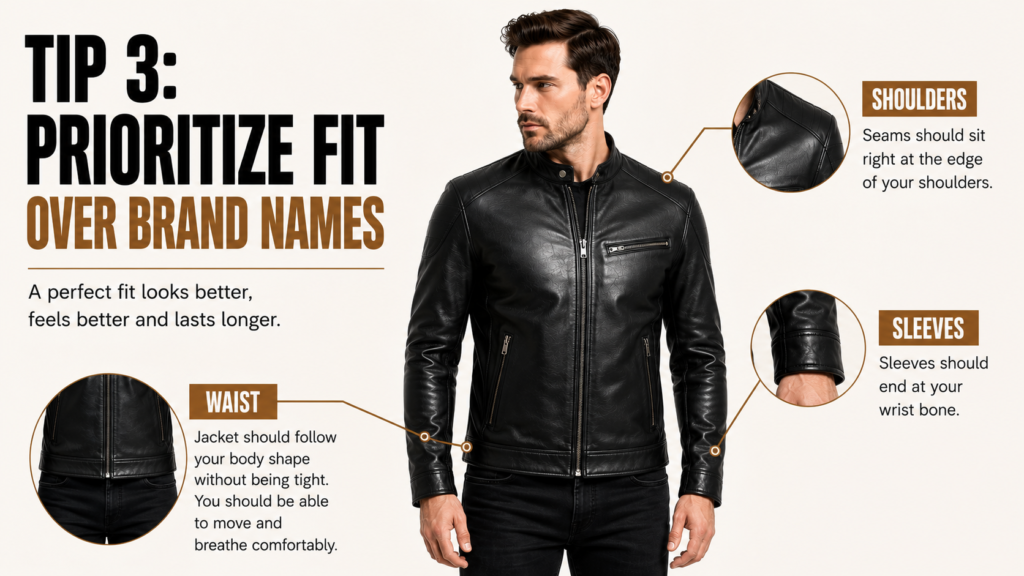 Model wearing a perfectly fitted black leather jacket with shoulder, sleeve, and waist fit guide for first-time leather jacket buyers.