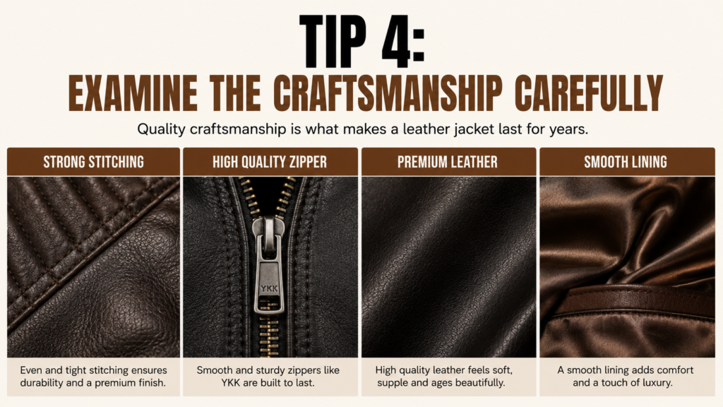 Close-up comparison of premium leather jacket craftsmanship showing strong stitching, metal zipper, smooth leather texture, and luxury satin lining.