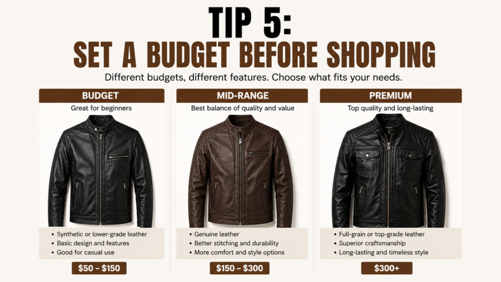 Comparison of budget, mid-range, and premium leather jackets displayed side by side to help buyers choose the right jacket based on quality and budget.