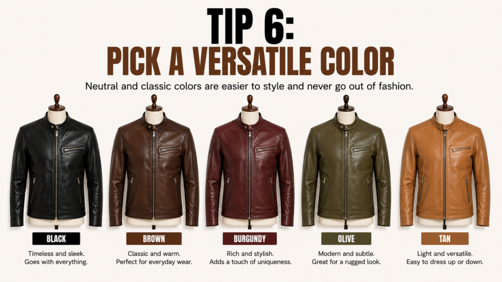 Comparison of black, brown, burgundy, olive green, and tan leather jackets displayed side by side to help choose the best leather jacket color.