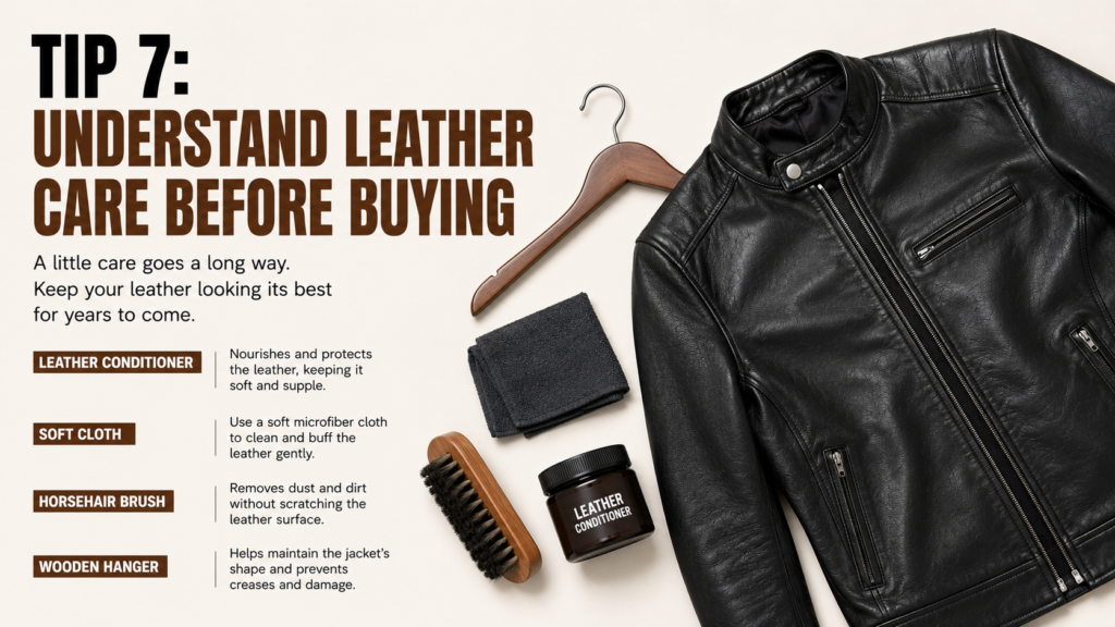 Leather jacket care essentials including leather conditioner, microfiber cloth, horsehair brush, wooden hanger, and a black leather jacket displayed in a flat lay.