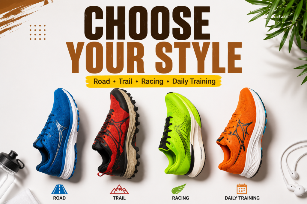 Flat lay of four colorful running shoes representing road running, trail running, racing, and daily training on a clean white background.