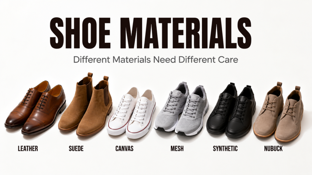 Six different types of shoes including leather shoes, suede boots, canvas sneakers, mesh running shoes, synthetic shoes, and nubuck shoes displayed on a clean white background.