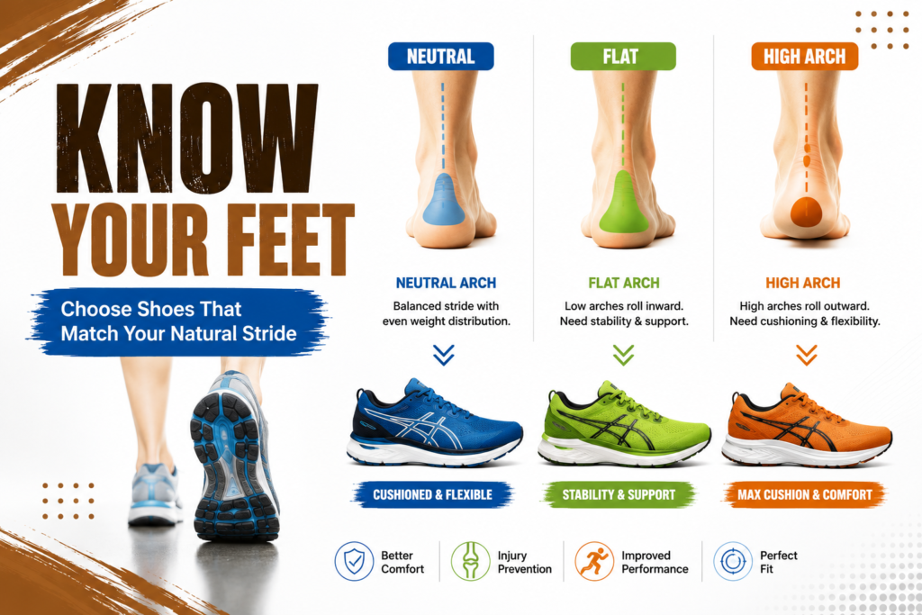 Educational infographic showing neutral, flat, and high arch foot types with matching running shoes for better comfort and performance.