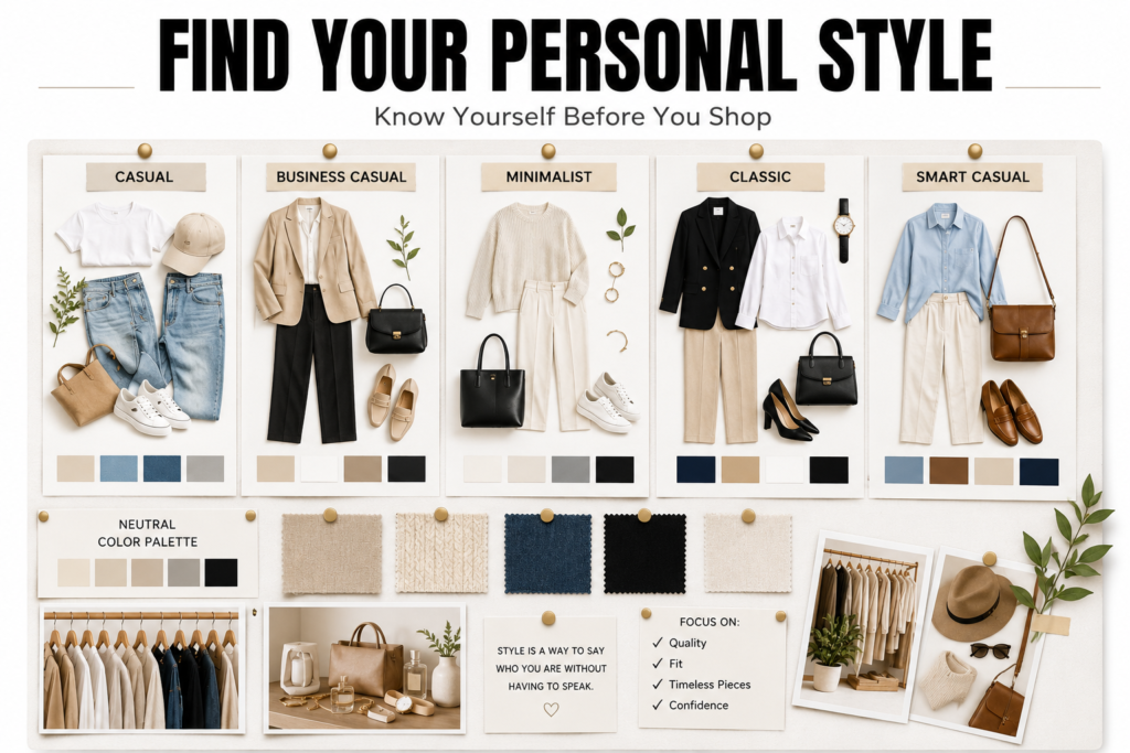 Fashion mood board displaying casual, business casual, minimalist, classic, and smart casual clothing styles with color swatches and fabric samples.