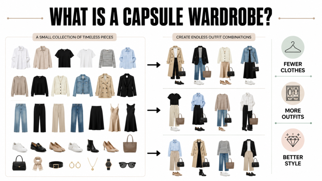 Infographic showing a capsule wardrobe with essential clothing pieces, shoes, accessories, and outfit combinations for a minimalist wardrobe.
