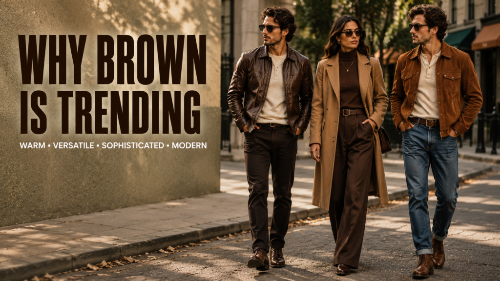 Three stylish adults wearing chocolate brown, camel, and cognac outfits in a modern city setting, showing why brown is trending in 2026 fashion.