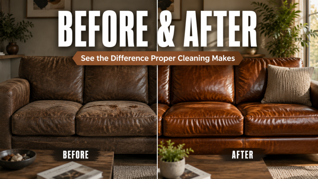 Before and after comparison showing a dirty leather couch transformed into a clean, conditioned, and restored leather sofa.