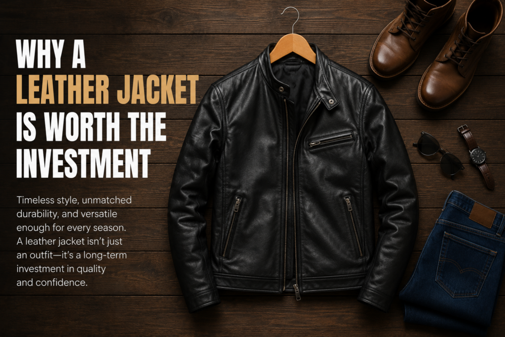 Premium black leather jacket with boots, denim jeans, sunglasses, and a watch displayed on a wooden surface to showcase timeless style and long-term value.