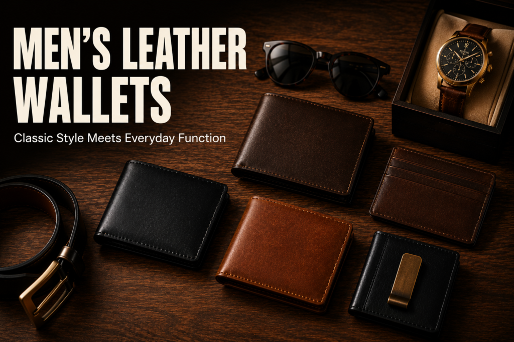 Premium men's leather wallets displayed with a luxury watch, leather belt, sunglasses, and notebook on a walnut wooden table.