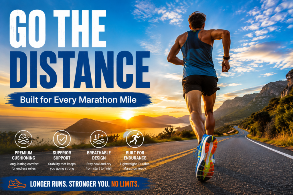 Marathon runner wearing colorful running shoes on a scenic road at sunrise, representing the best running shoes for long-distance running and endurance.