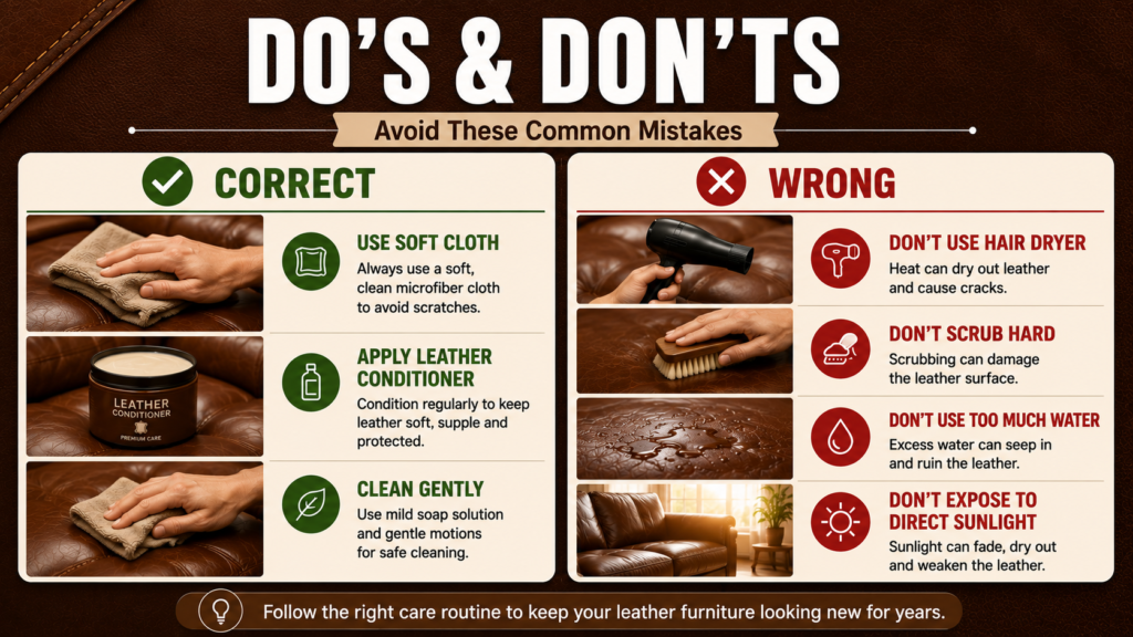 Split infographic showing the correct and incorrect ways to clean a leather couch, including using a microfiber cloth and leather conditioner while avoiding hair dryers, scrubbing, excess water, and direct sunlight.