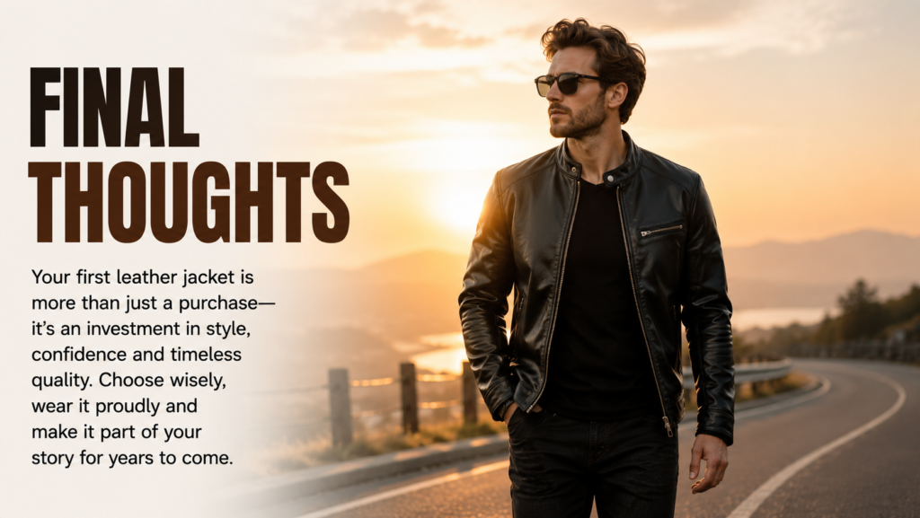 Confident man walking outdoors at sunset wearing a premium black leather jacket, representing timeless style and confidence.