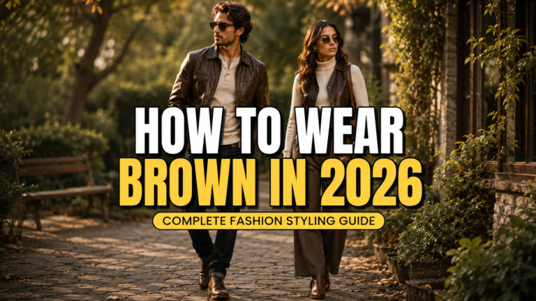 How to Wear Brown in 2026 fashion guide featuring a stylish man in a brown leather jacket and woman in a brown leather vest in a green and brown outdoor setting.