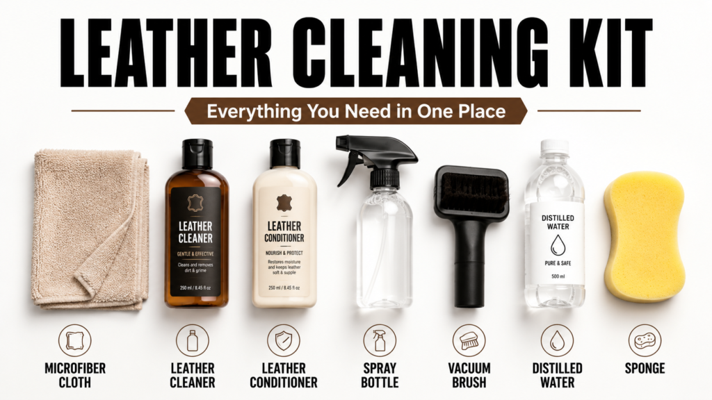 Flat lay of an essential leather cleaning kit including a microfiber cloth, leather cleaner, leather conditioner, spray bottle, vacuum brush, distilled water, and sponge for cleaning a leather couch.