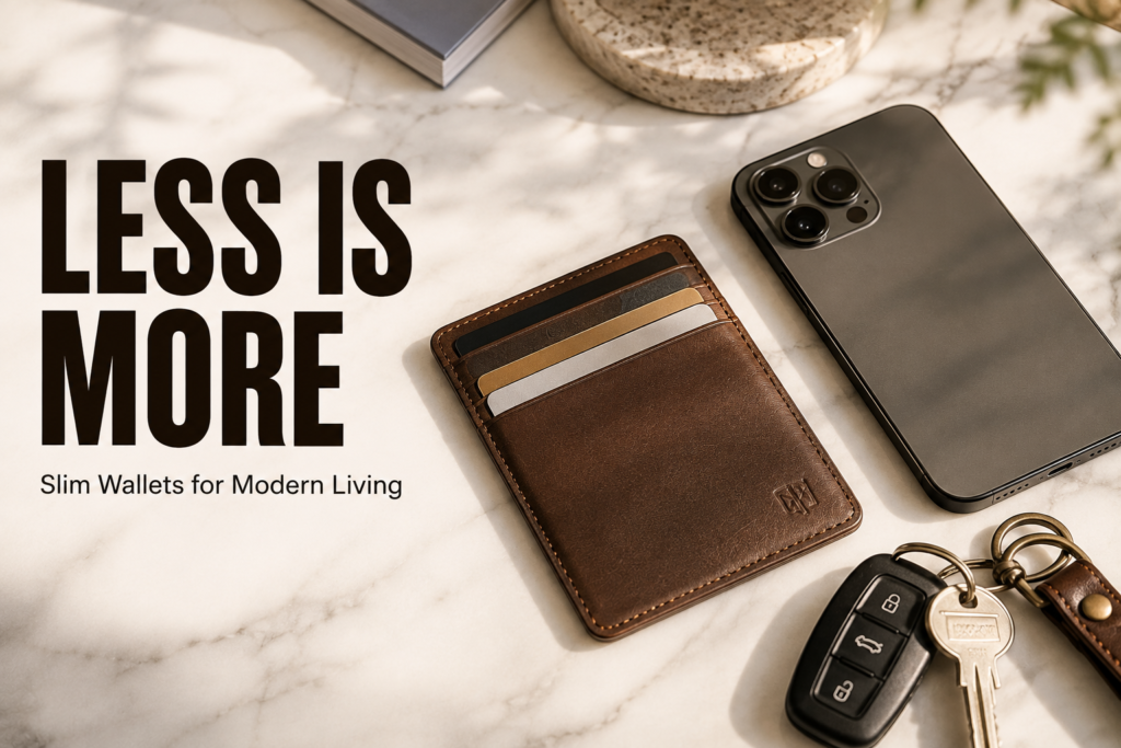 Ultra-slim brown leather card wallet with a few cards beside a smartphone and keys on a white marble surface with warm natural lighting.