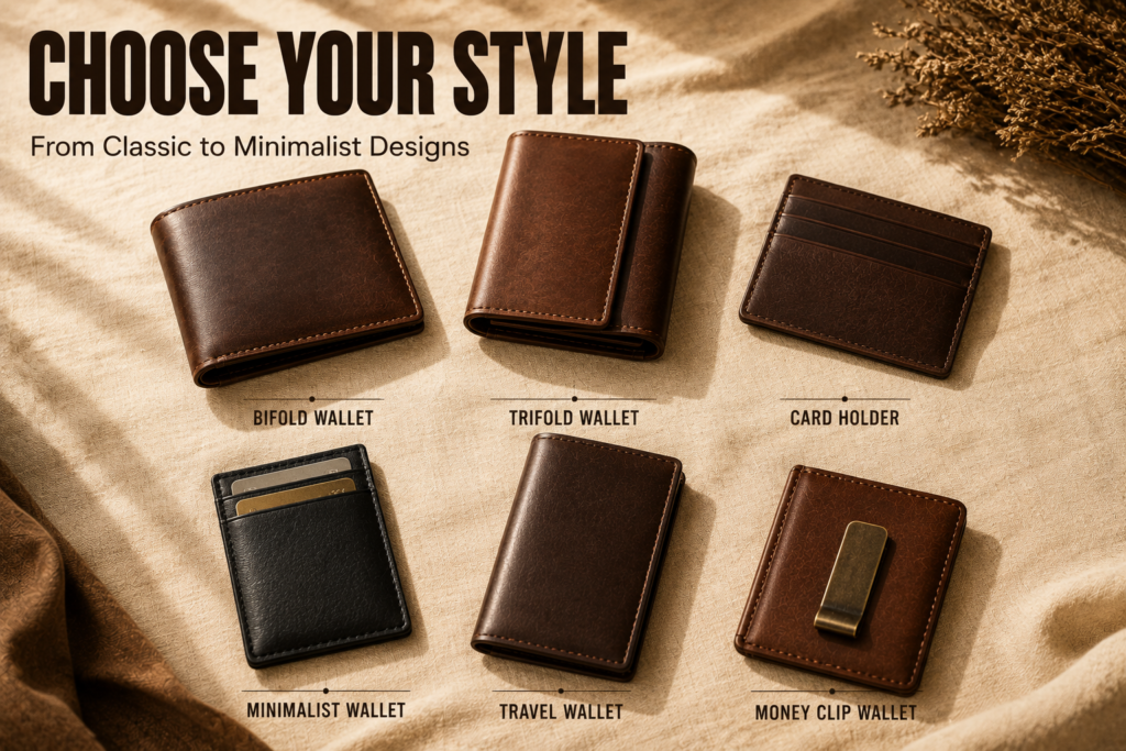 Collection of premium leather wallet styles including bifold, trifold, card holder, minimalist wallet, travel wallet, and money clip wallet displayed on a beige linen background.
