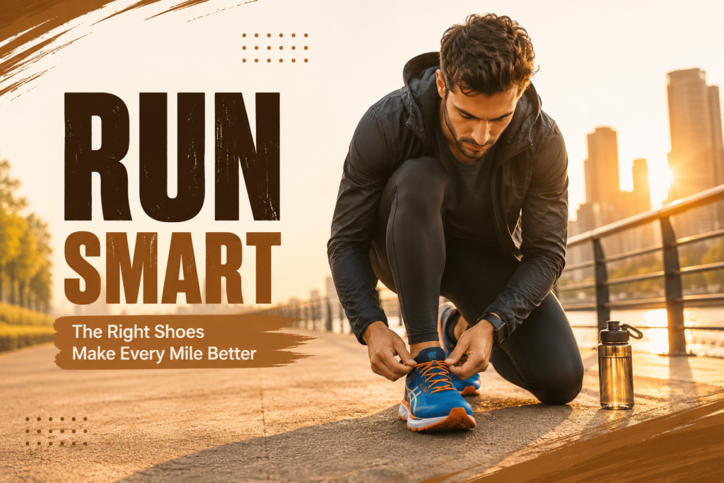Runner tying colorful running shoes before a sunrise workout on a city pathway, highlighting the importance of choosing the right running shoes for comfort and performance.