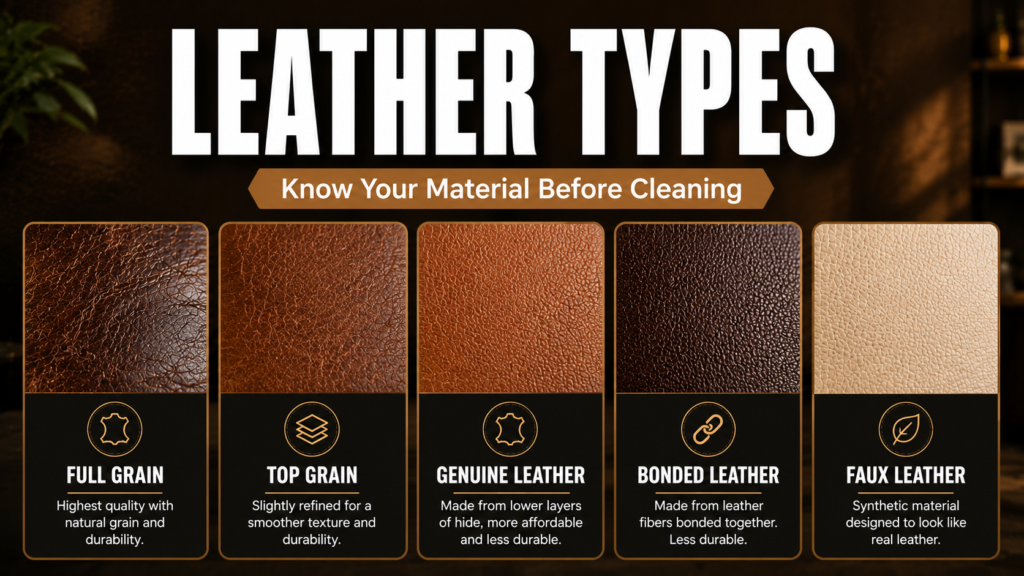 Infographic comparing full grain, top grain, genuine, bonded, and faux leather textures to help identify leather types before cleaning.